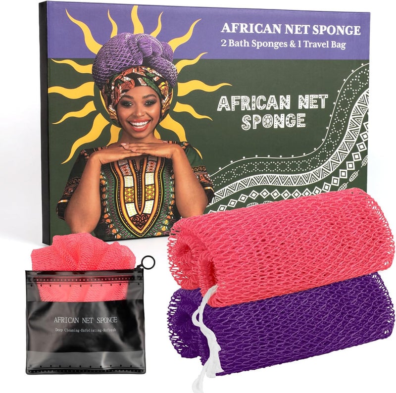 Bathway African Net Sponge Authentic with Handles (Set of 2), African Exfoliating Net Sponge, Exfoliating Body Scrubber Bath Sponge - Bathing Accessories with Storage Bag (Purple & Rose) - Image 1
